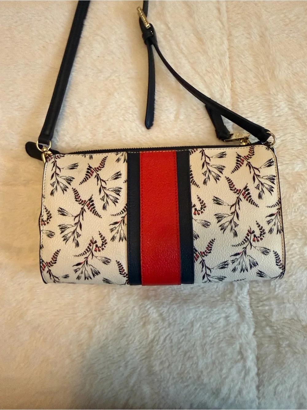 Tory Burch Cream Floral Crossbody with Red & Black Stripe